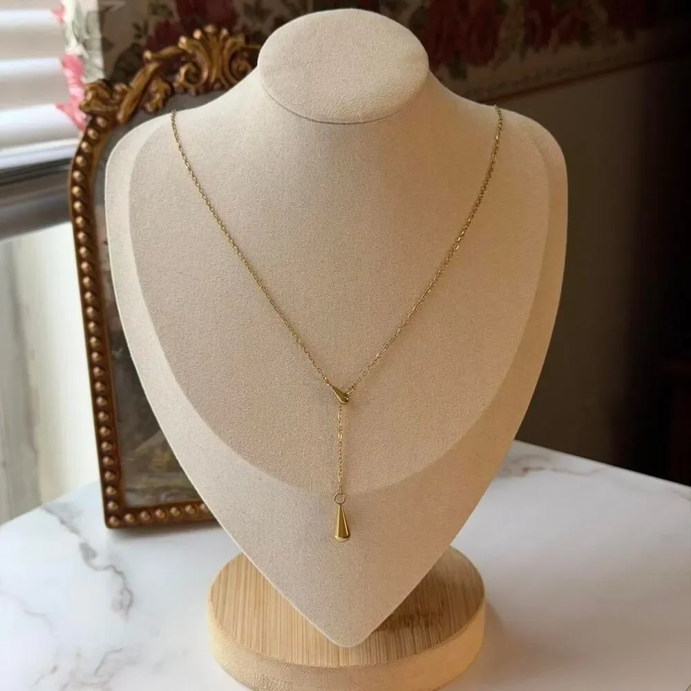 18K Gold Plated Stainless Steel Y Drop Lariat Necklace + Jewelry Pouch